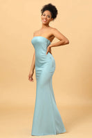 Load image into Gallery viewer, Grey Blue Satin Mermaid Bridesmaid Dress