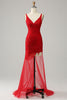 Load image into Gallery viewer, Mermaid V Neck Red Long Prom Dress with Embroidery