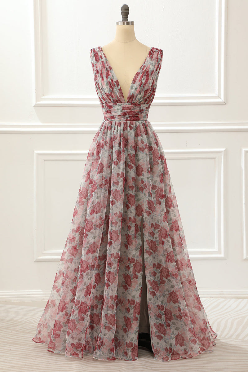 Load image into Gallery viewer, V-neck Floral A Line Prom Dress