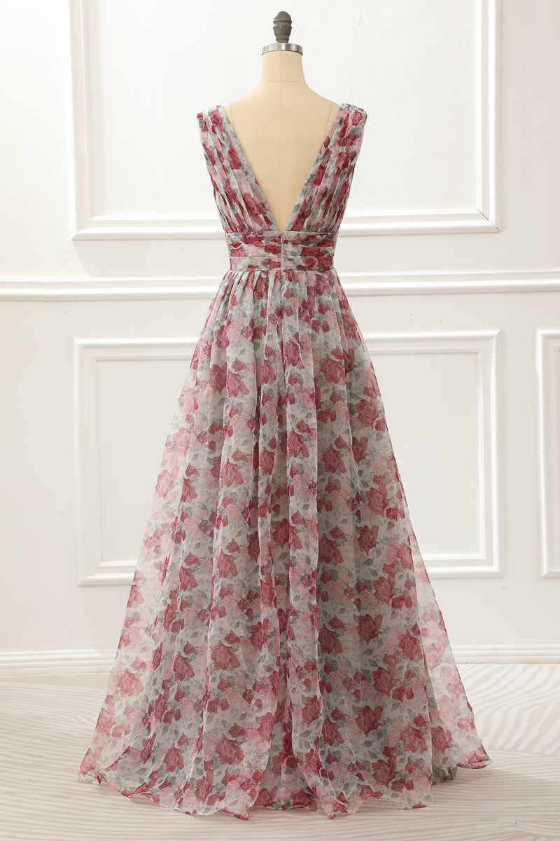 Load image into Gallery viewer, V-neck Floral A Line Prom Dress