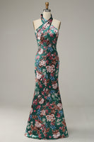 Load image into Gallery viewer, Flower Print Halter Satin Bridesmaid Dress