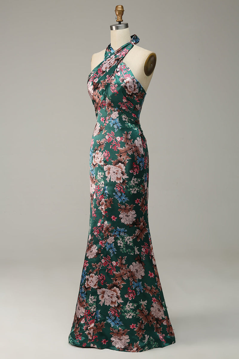 Load image into Gallery viewer, Flower Print Halter Satin Bridesmaid Dress