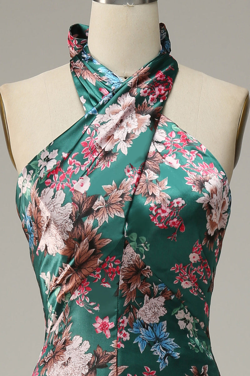 Load image into Gallery viewer, Flower Print Halter Satin Bridesmaid Dress