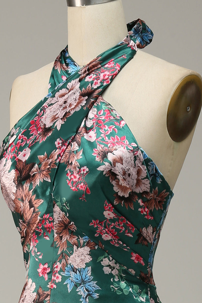 Load image into Gallery viewer, Flower Print Halter Satin Bridesmaid Dress