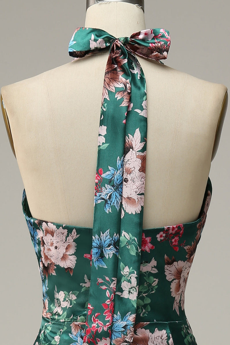 Load image into Gallery viewer, Flower Print Halter Satin Bridesmaid Dress