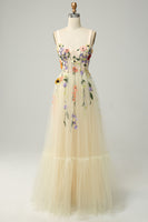 Load image into Gallery viewer, Champagne Spaghetti Straps Long Prom Dress With 3D Flowers