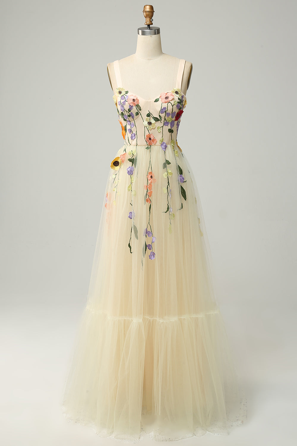 Champagne Spaghetti Straps Long Prom Dress With 3D Flowers