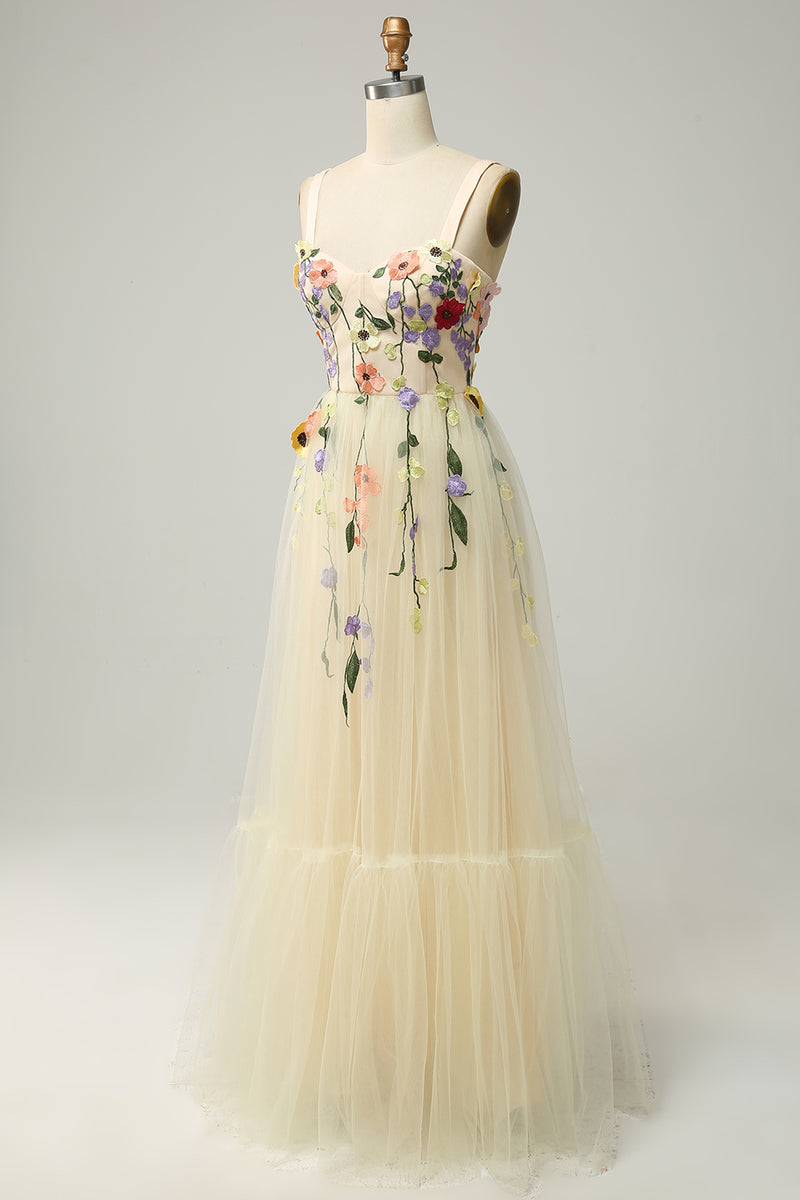 Load image into Gallery viewer, Champagne Spaghetti Straps Long Prom Dress With 3D Flowers