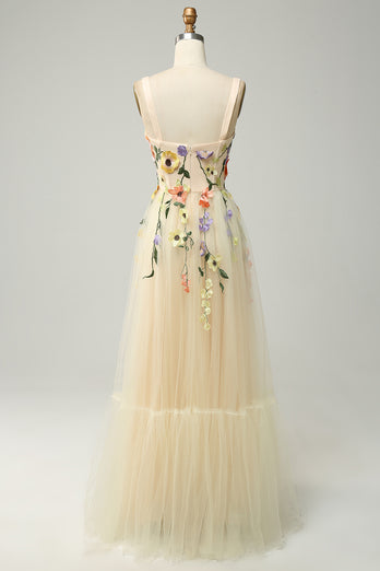 Champagne Spaghetti Straps Long Prom Dress With 3D Flowers