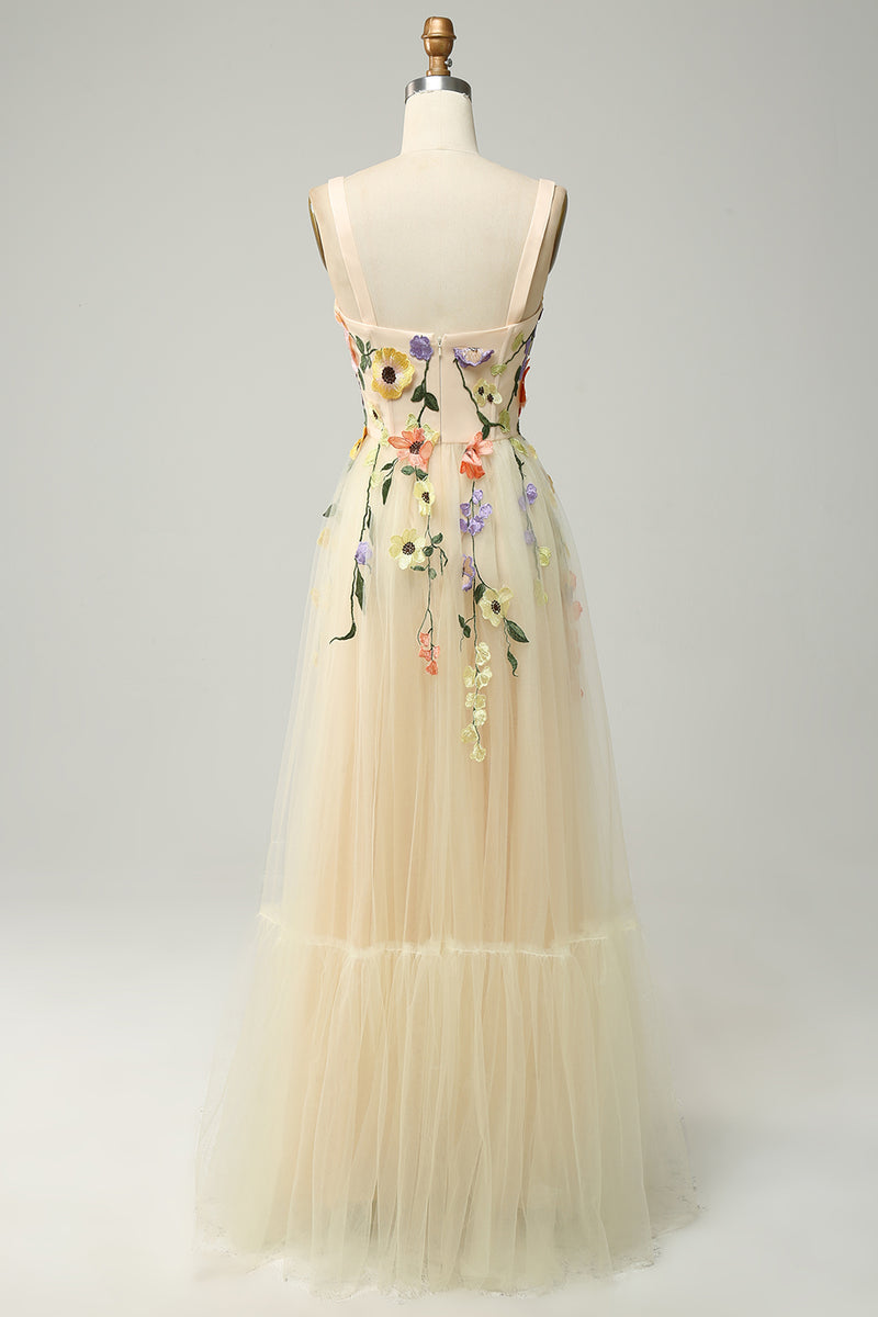 Load image into Gallery viewer, Champagne Spaghetti Straps Long Prom Dress With 3D Flowers