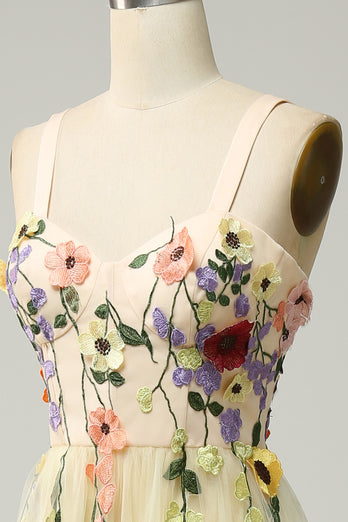 Tulle Champagne Spaghetti Straps Prom Dress With 3D Flowers