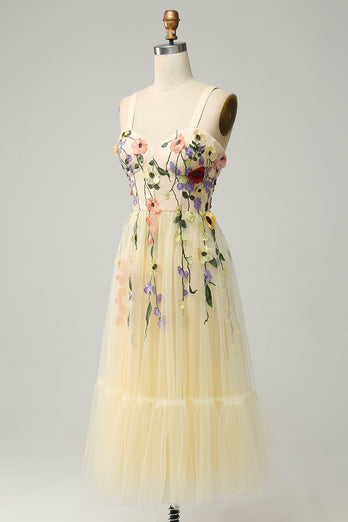 Tulle Champagne Spaghetti Straps Prom Dress With 3D Flowers