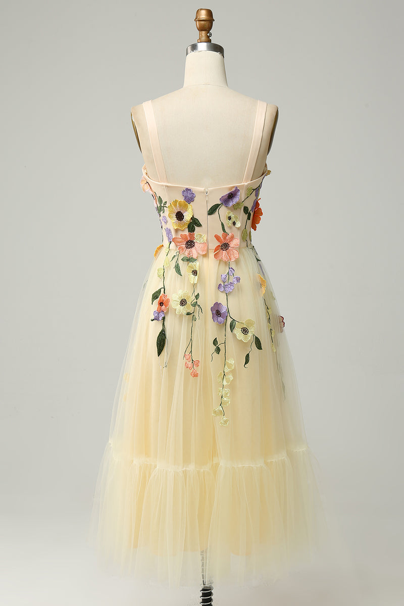 Load image into Gallery viewer, Tulle Champagne Spaghetti Straps Prom Dress With 3D Flowers