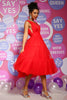 Load image into Gallery viewer, Red A Line Deep V Neck Tea Length Prom Dress