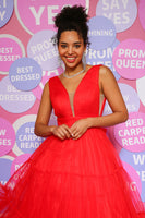 Load image into Gallery viewer, Red A Line Deep V Neck Tea Length Prom Dress