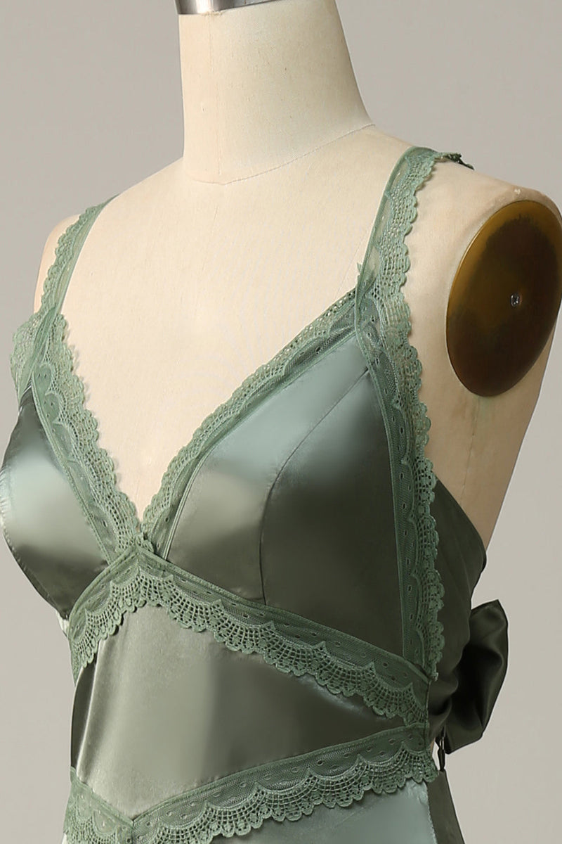 Load image into Gallery viewer, V-Neck Open Back Dusty Green Bridesmaid Dress with Lace