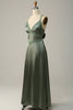 Load image into Gallery viewer, V-Neck Open Back Dusty Green Bridesmaid Dress with Lace