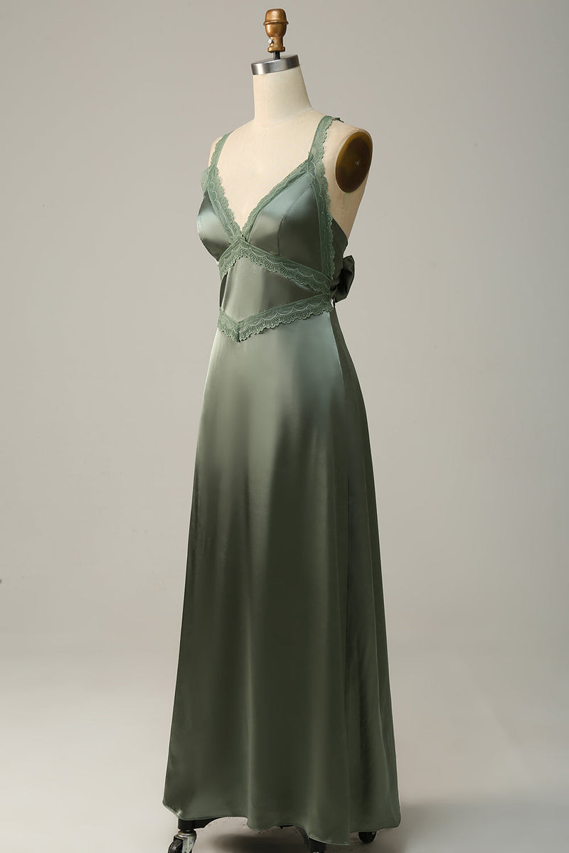 Load image into Gallery viewer, V-Neck Open Back Dusty Green Bridesmaid Dress with Lace