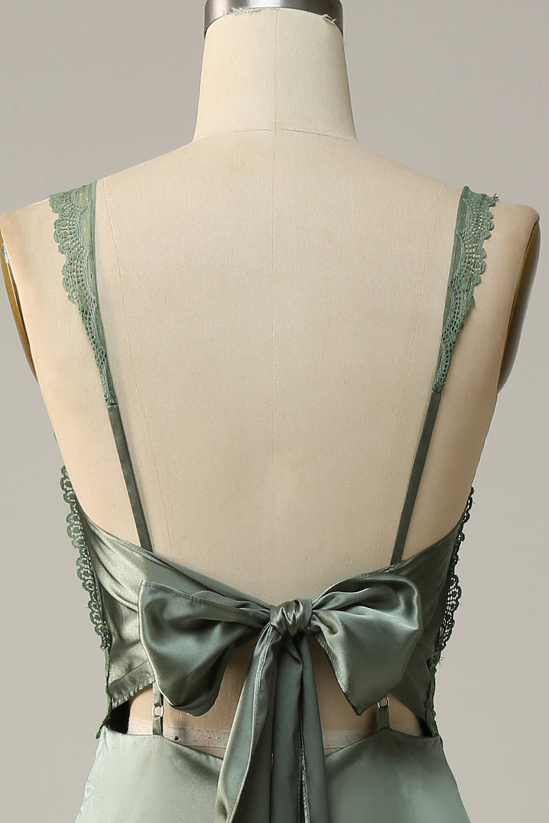 Load image into Gallery viewer, V-Neck Open Back Dusty Green Bridesmaid Dress with Lace