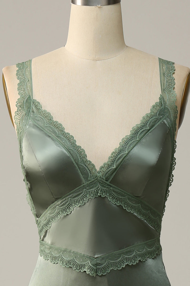 Load image into Gallery viewer, V-Neck Open Back Dusty Green Bridesmaid Dress with Lace
