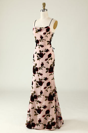 Spaghetti Straps Floral Bridesmaid Dress with Lace-up Back