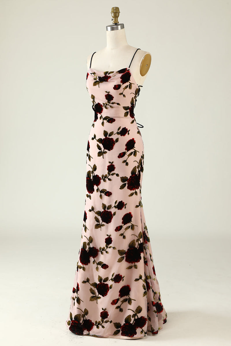 Load image into Gallery viewer, Spaghetti Straps Floral Bridesmaid Dress with Lace-up Back