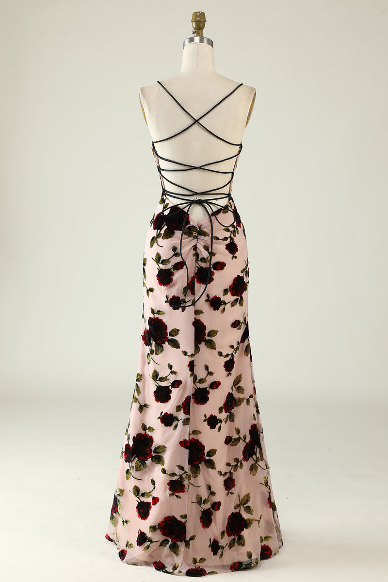 Load image into Gallery viewer, Spaghetti Straps Floral Bridesmaid Dress with Lace-up Back