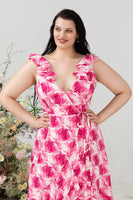 Load image into Gallery viewer, Plus Size High Low Pink Flower Printed Bridesmaid Dress with Ruffles