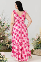 Load image into Gallery viewer, Plus Size High Low Pink Flower Printed Bridesmaid Dress with Ruffles