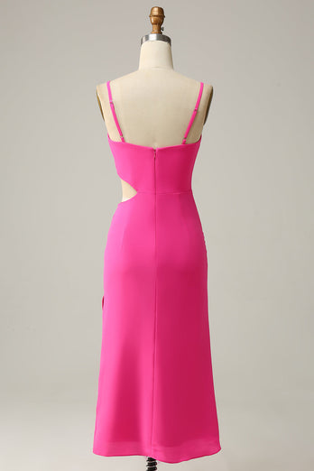 Spaghetti Straps Cut Out Hot Pink Bridesmaid Dress with Ruffles