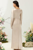 Load image into Gallery viewer, V-Neck Champagne Long Bridesmaid Dress with Sleeves