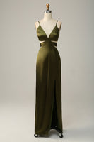 Load image into Gallery viewer, Spaghetti Straps Cut Out Olive Long Bridesmaid Dress with Slit
