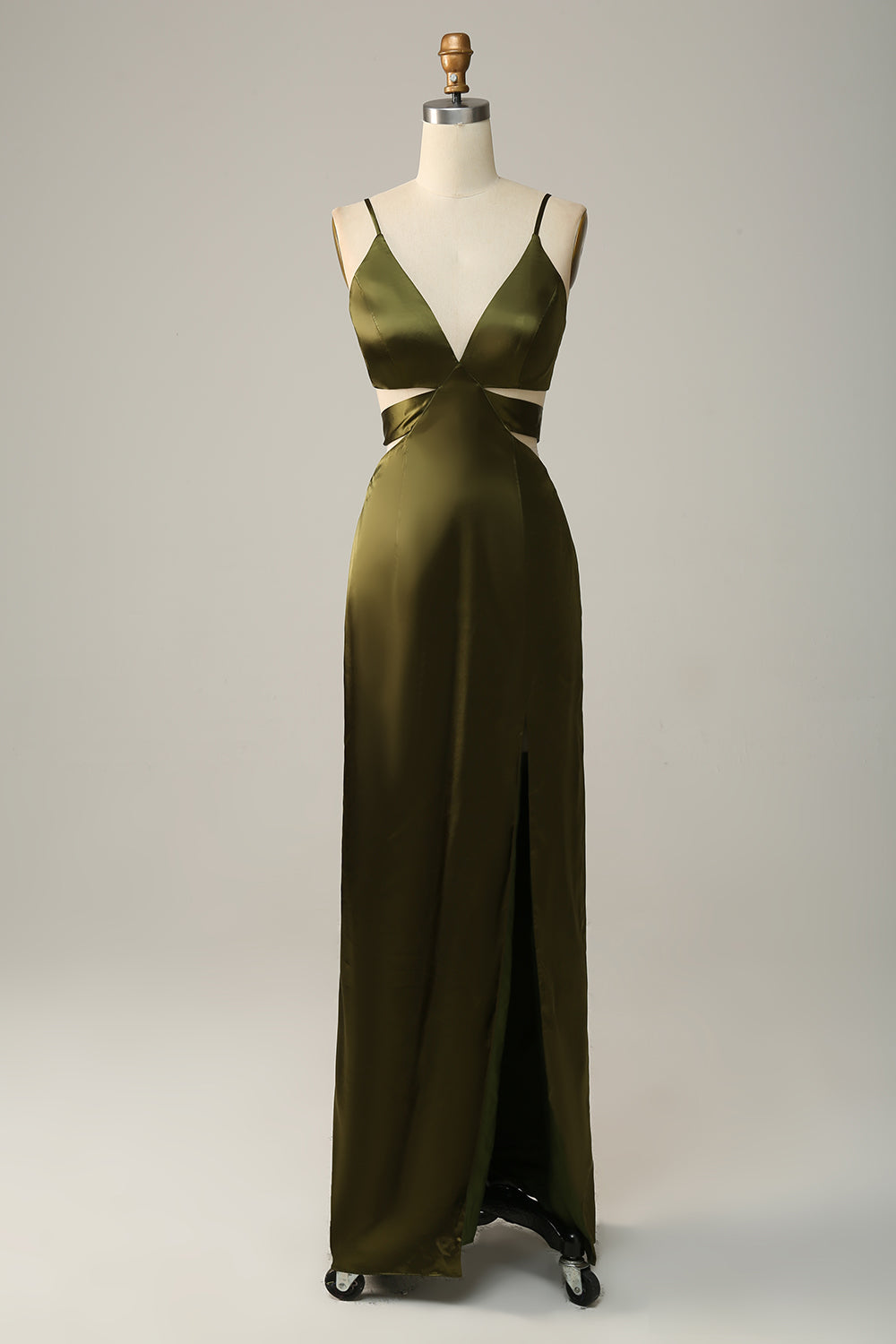 Spaghetti Straps Cut Out Olive Long Bridesmaid Dress with Slit