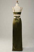 Load image into Gallery viewer, Spaghetti Straps Cut Out Olive Long Bridesmaid Dress with Slit