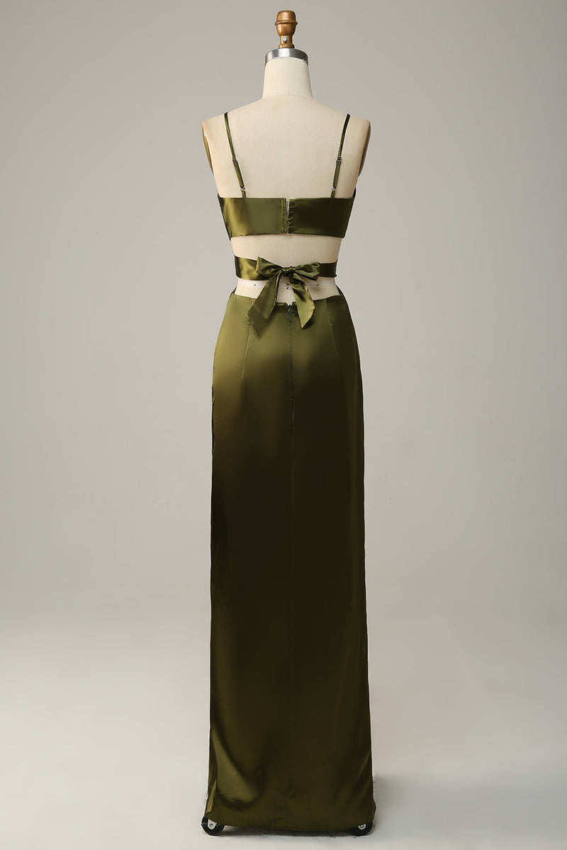 Load image into Gallery viewer, Spaghetti Straps Cut Out Olive Long Bridesmaid Dress with Slit