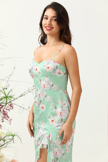 Sheath Spaghetti Straps Light Green Floral Printed Bridesmaid Dress with Split Front