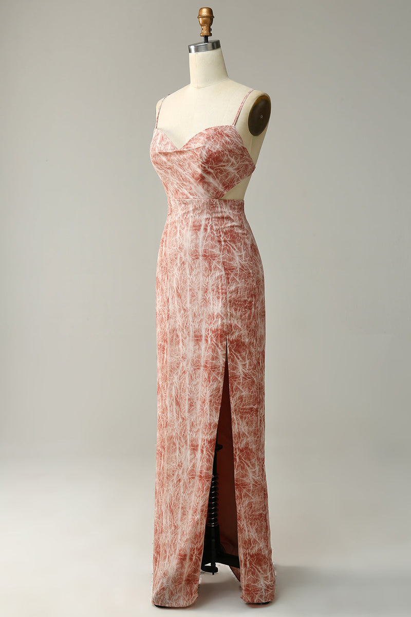 Load image into Gallery viewer, Sheath Spaghetti Straps Blush Long Bridesmaid Dress with Split Front