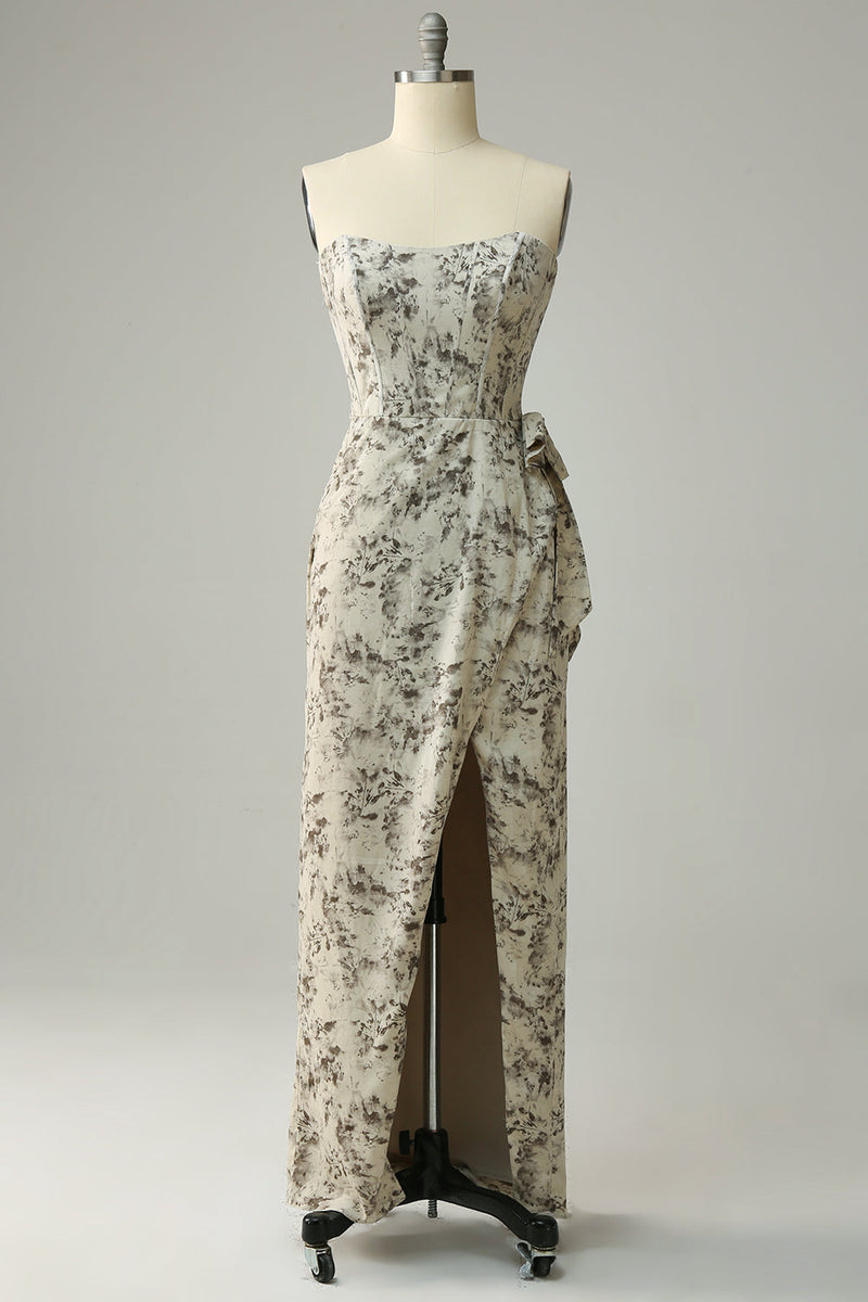 Load image into Gallery viewer, Sheath Sweetheart Grey Printed Bridesmaid Dress with Belt