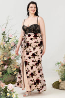 Load image into Gallery viewer, Sheath Spaghetti Straps Black Floral Plus Size Wedding Guest Dress with Slit