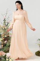 Load image into Gallery viewer, Square Neck Peach Plus Size Bridesmaid Dress with Sleeves