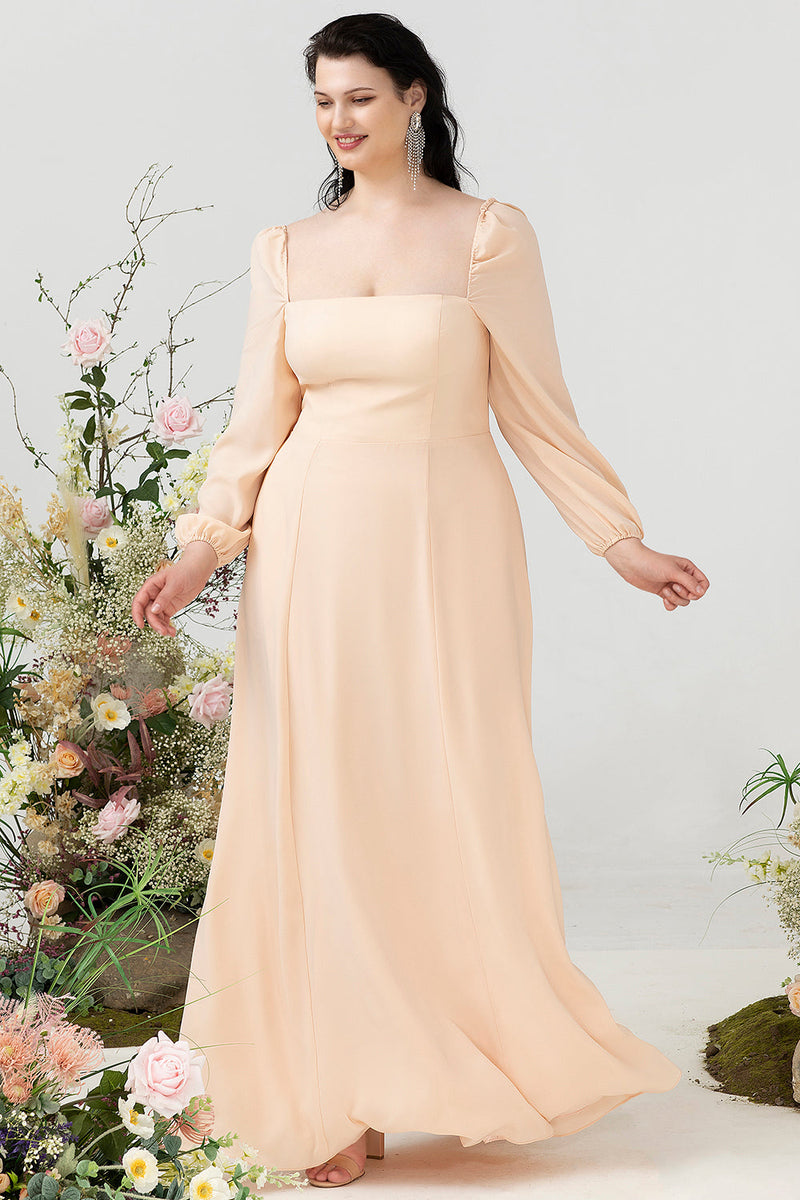 Queendancer Women Peach Plus Size Bridesmaid Dress with Sleeves Chiffon Square Neck Wedding Party Dress queendanceruk Queendancer Women Peach Plus Size Bridesmaid Dress with Sleeves Chiffon Square Neck Wedding Party Dress queendanceruk
