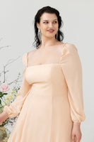 Load image into Gallery viewer, Square Neck Peach Plus Size Bridesmaid Dress with Sleeves