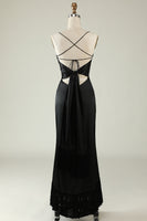 Load image into Gallery viewer, Spaghetti Straps Black Satin Prom Dress with Fringes