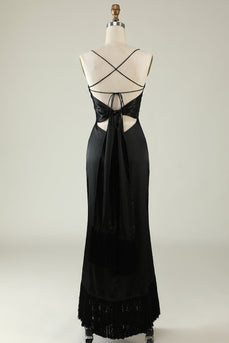 Spaghetti Straps Black Satin Prom Dress with Fringes