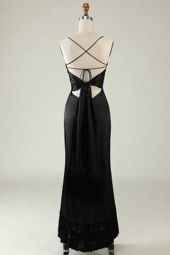 Spaghetti Straps Black Satin Prom Dress with Fringes