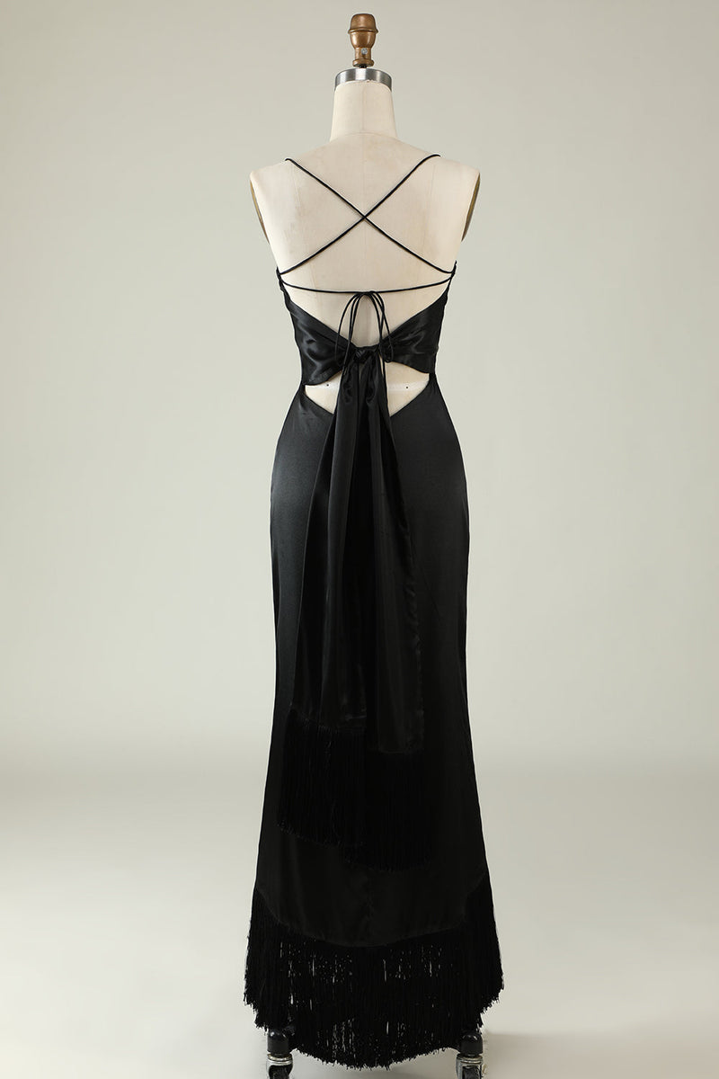Load image into Gallery viewer, Spaghetti Straps Black Satin Prom Dress with Fringes
