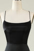 Load image into Gallery viewer, Spaghetti Straps Black Satin Prom Dress with Fringes