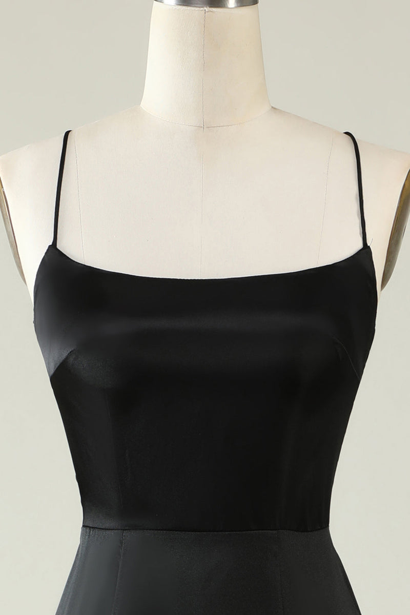 Load image into Gallery viewer, Spaghetti Straps Black Satin Prom Dress with Fringes