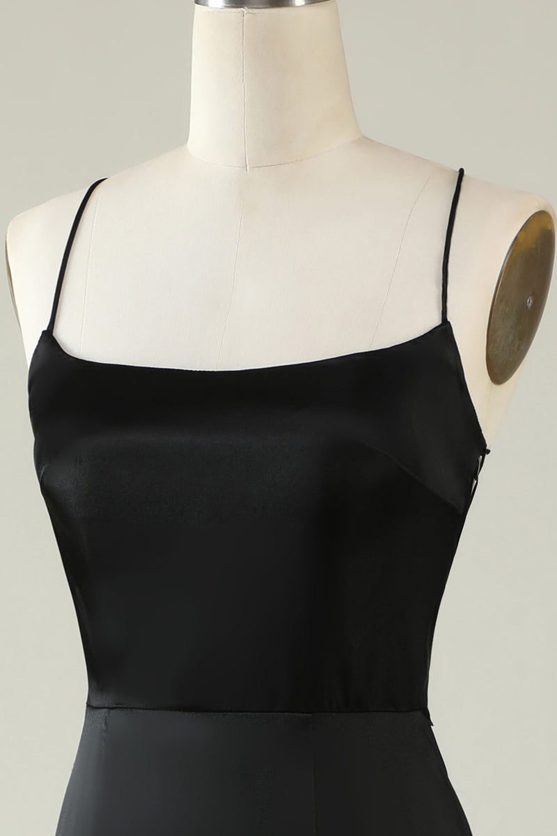 Load image into Gallery viewer, Spaghetti Straps Black Satin Prom Dress with Fringes