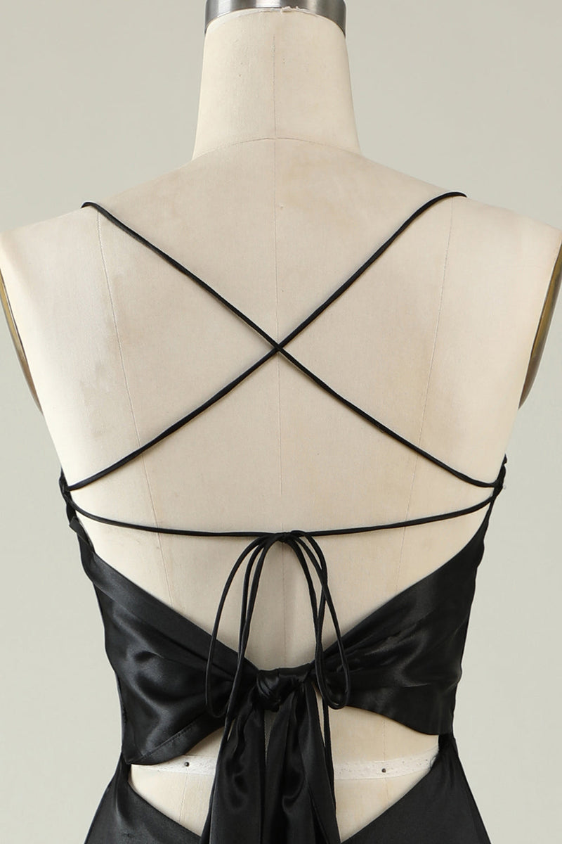 Load image into Gallery viewer, Spaghetti Straps Black Satin Prom Dress with Fringes